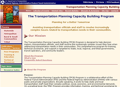 Caption: The "Transportation Planning Capacity Building" Web site.