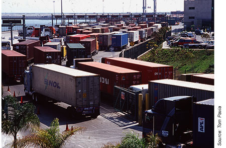 An upcoming topic in the "Talking Freight" series is freight movement at border crossings. Here trucks are lining up to enter a maritime port in southern California.