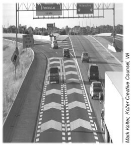 Aerial view of experimental pavement markings on interchange