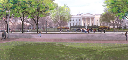 A computer rendering of the promenade planned for Pennsylvania Avenue in front of the White House in Washington, DC, one of several projects that FHWA's Office of Federal lands Highway currently is administering.