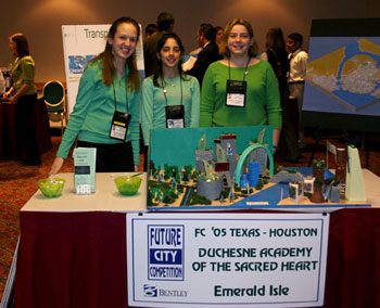 A team from Duchesne Academy of the Sacred Heart in Houston, TX, won this year’s Best Transportation System award, sponsored by FHWA, at the Future City competition. Shown with the model of their prototypical city, Emerald Isle, are (left to right) Katherine McKenna, Kimi Rafie, and Theresa Sturdivant.