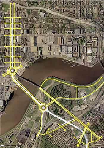 This aerial photo shows proposed bicycle and pedestrian routes for the Washington, DC, South Capitol Gateway project, which won an award in AASHTO's Best Practices in Smart Growth and Transportation Competition.