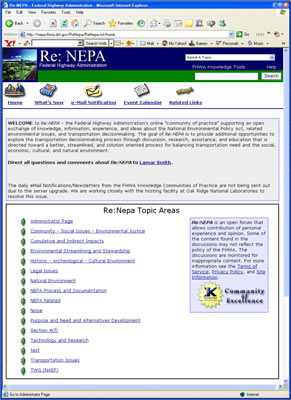 The Web site for the National Environmental Policy Act CoP is shown here. FHWA's CoPs were selected to serve as a benchmark or model organization in APQC's recent research study.