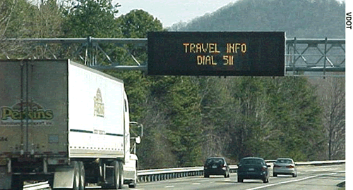 During a recent Web cast on 511 traveler information systems, a presenter recommended that transportation agencies consider marketing their 511 systems using dynamic messages signs, as illustrated in this photo.