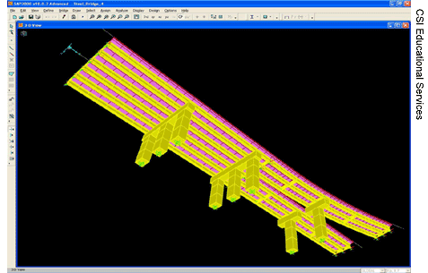 This 3-D computer model of the underside of a steel bridge shows both the substructure and superstructure -Photo credit: CSI Educational Services