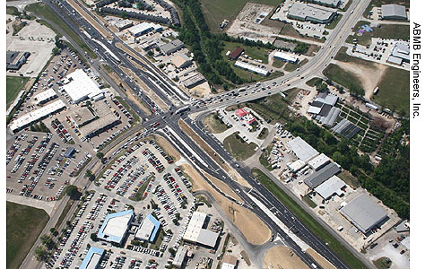 CFIs, such as the one in Baton Rouge, LA, shown here, eliminate potential conflicts between left-turning vehicles and oncoming traffic by adding a left-turn bay to the left of oncoming traffic - Photo credit: ABMB Engineers, Inc.