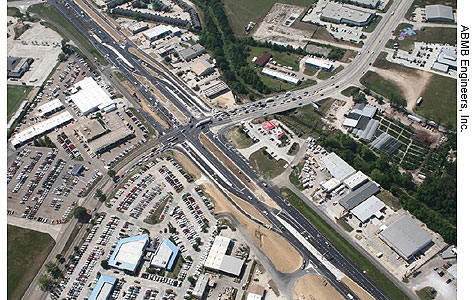 CFIs, such as the one in Baton Rouge, LA, shown here, eliminate potential conflicts between left-turning vehicles and oncoming traffic by adding a left-turn bay to the left of oncoming traffic - Photo credit: ABMB Engineers, Inc.