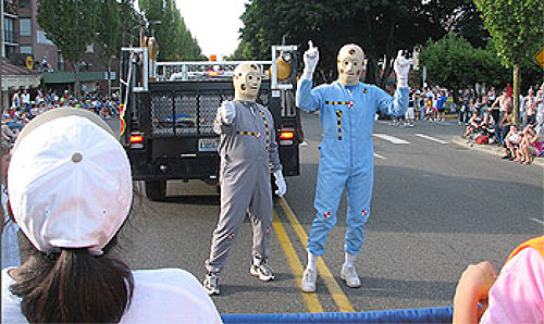 FHWA Washington State Division Administrator Mathis and Assistant Division Administrator Kevin Ward are shown here dressed as crash test dummies as part of Washington State's celebration of the 50th anniversary of the interstate system.