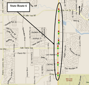 This map shows the location of an ACS Lite field test on State Route 6 in Houston, TX.