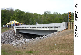The Mars Hill Bridge in Wapello County, IA, shown here, is the     first bridge built in North America with UHPC, a material designed to produce stronger, more durable bridges. (Photo credit: Ken Dunker, Iowa DOT)
