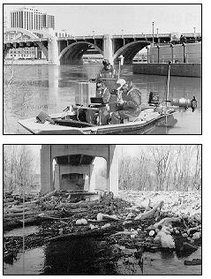 (Top) Harry Hitchcock, Dave Mueller, and Steve Darnell of the USGS scour inspection team prepare to take measurements at a bridge over the Mississippi River in St. Paul, MN. (Bottom) Wood and debris gather in the flood plain of a bridge over the Mississippi River. The unseen damage at the river bottom is far worse. 