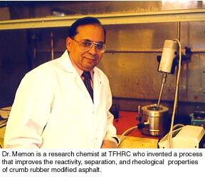 Dr. Memon is a research chemist at TFHRC who invented a process that improves the reactivity, separation, and rheological properties of crumb rubber modified asphalt. 