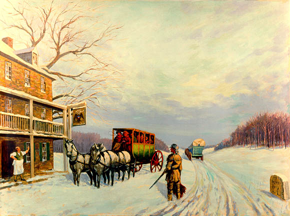 Image:  In this snowy scene, a tavern owner welcomes a carriage filled with people.