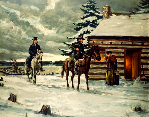 Image: A doctor and circuit rider on horseback approach a cabin where a distraught woman waits.