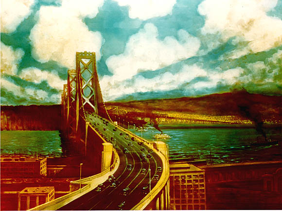 Image:Vehicles travel over a giant suspension bridge.