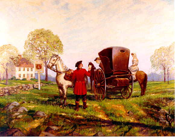 Image: A dismounted postal rider hands a letter to a man in a carriage.