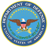 DOD logo that shows an eagle at center with an American flag shield on its chest. It is circular in shape.
