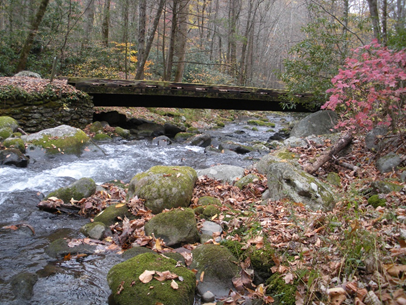 This is a picture of a small, two-lane bridge over a stream in the Great Smoky Mountains National Park.