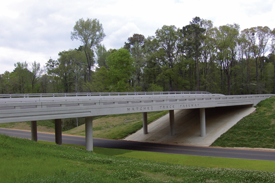 This is a photo of a bridge over a two-lane road. The bridge is on the Natchez Trace Parkway, which extends between Tennessee and Mississippi.
