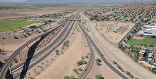 Title: Rendering of the completed South Mountain Freeway Project - Description: This is a computer-generated image of what the South Mountain Freeway Project in Phoenix, Arizona will look like once construction is completed. The highway features an elevated access ramp.