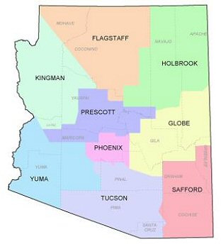 Color-coded district Map of Arizona, showing 9 maintenance districts