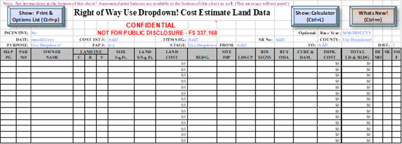 This is a screenshot of a spreadsheet used by Florida DOT district 1 to track cost estimate information by parcel. Parcels are shown in rows with various cost factors in columns.