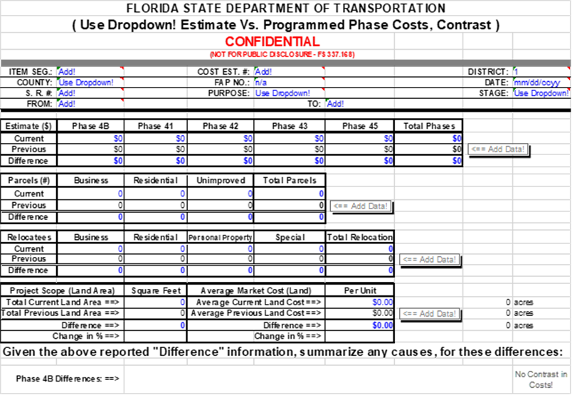 This is a screenshot of a spreadsheet used by Florida DOT district 1 to compare cost estimates across phases of a a project.