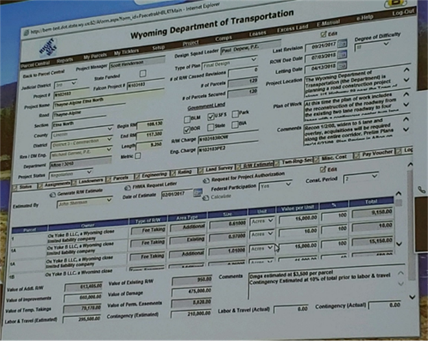 A screenshot of the estimating screen of the Wyoming DOT PAECETrak software. The screen shows cells for inputting and displaying a variety of data used in cost estimating.