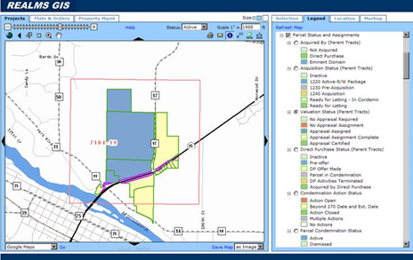 A screenshot of the REALMS GIS application, illustrating a road segment with project area and affected parcels highlighted.