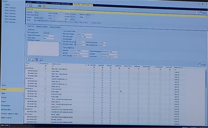 A screen shot of a sample tab of the Mississippi DOT parcel tracking software, showing a listing of parcels with boxes checked corresponding to actions completed for each parcel, 