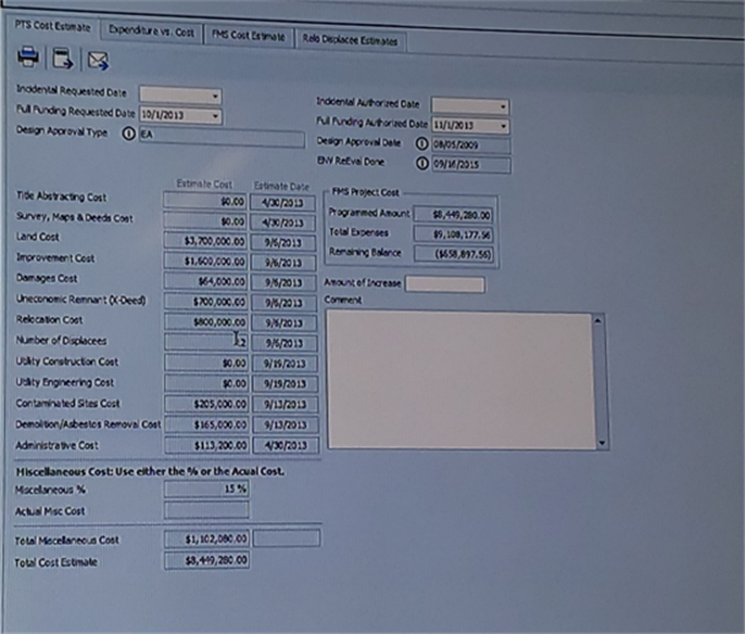Screenshot of the cost estimate tab of the  Mississippi Parcel Tracking Software, showing inputs for data items such as costs of land, improvement, damages, relocation, and utility construction, and dates of each estimate.