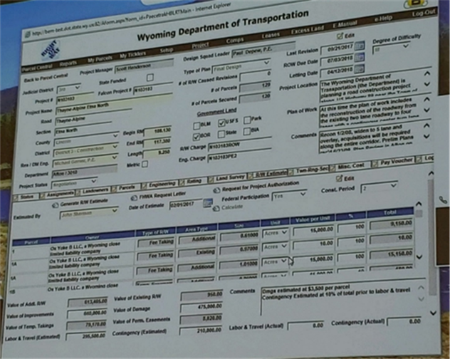 A screenshot of the estimating screen of the Wyoming DOT PAECETrak software. The screen shows cells for inputting and displaying a variety of data used in cost estimating.