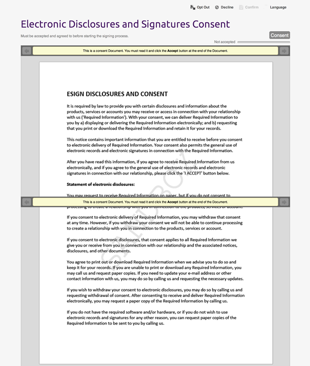 Screen shot example of an electronci disclosures and signatures consent. Yellow warning bar states "This is a consent Document. You must read it and click the Accept button at the end of the Document. 