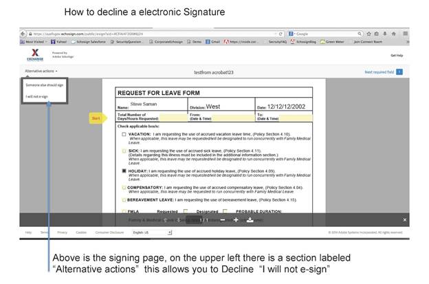 Screen shot "How to decline a electronic Signature. Text at the bottom: Above is the signing page, on the upper left there is a section labeled "Alternative actions" this allows you to Decline "I will not e-sign". 