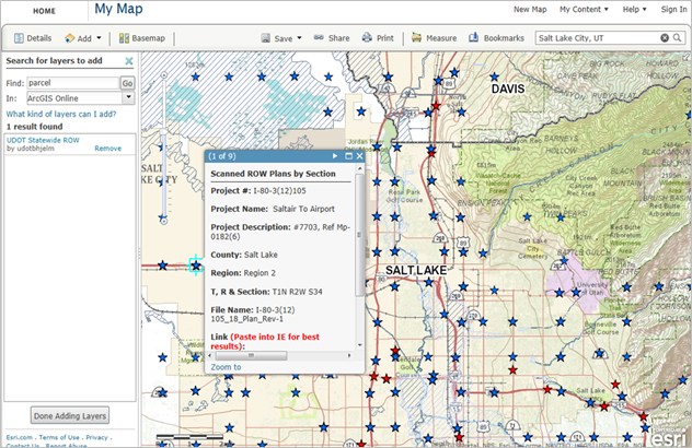 This is a screenshot of Utah DOT"s UPlan. It features a series of blue stars indicating the locations of UDOT projects in the greater Salt Lake City region.  UPlan, a cloud-based, interactive GIS mapping tool, to compile, integrate, and display a wide range of transportation, land use, and environmental data from numerous public and private sources