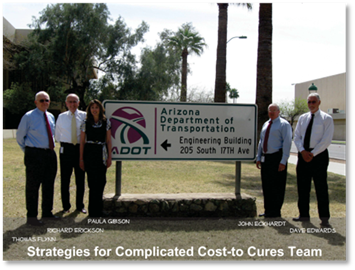 Photo of 5 people around the ADOT Arizona Department of Transportation sign. 