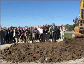 Photo depicting six executives with shovels breaking ground on the Rogersville Design-Build Project in the Missouri DOT's Southwest District.