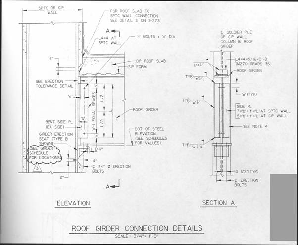 Figure 4: Roof Girder Connection to Soldier Pile Details - see preceding paragraph for a text explanation.