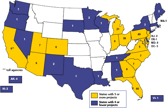 This US map shows the total number of approved SEP-14 design-build projects in participating State DOT or local public agencies. This list of design-build projects includes those proposed, underway or completed as of July 2003. Alabama 1, Alaska 4, Arizona 6, California 6, Colorado 6, Delaware 1, District of Columbia 5, Florida 66, Georgia 6, Hawaii 2, Indiana 9, Louisiana 1, Maine 2, Maryland 8, Massachusetts 1, Michigan 21, Minnesota 2, Nevada 1, New Jersey 8, New Mexico 2, New York 3, North Carolina 7, Ohio 59, Oregon 1, Pennsylvania 49, South Carolina 7, South Dakota 1, Tennessee 1, Texas 1, Utah 7, Virginia 5, Washington 1, Wisconsin 1, Virgin Islands 1.