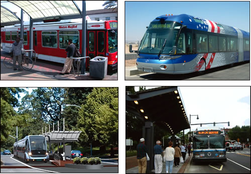 Four Photos, each showing a bus, three of them near bus shelters.