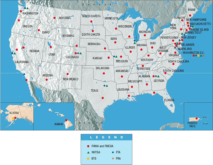 Image of United States map showing field locations for F H W A, F M C S A, B T S, F T A, N H T S A, and F R A.