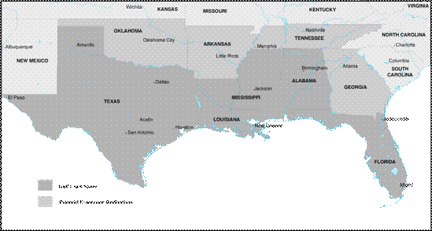 This image contains a map of the southern U.S. that highlights Gulf Coast States (Arkansas, Georgia, Oklahoma, and Tennessee) and states that are Potential Evacuation Destinations (Alabama, Florida, Louisiana, Mississippi, and Texas).