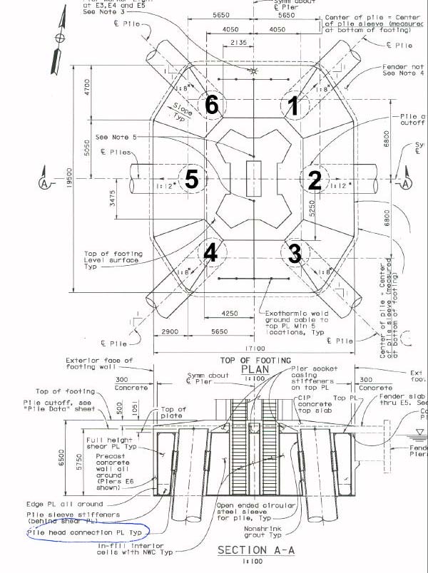 Figure 2: Pier footing structure plan view and elevation view for skyway structure pile head.