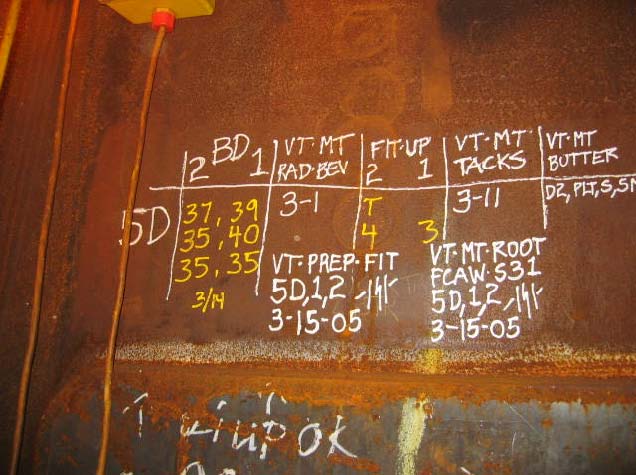 Figure 7: Quality control marks adjacent to pile connection plate weld 5D.