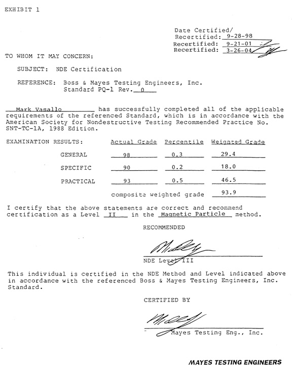 NDE Certification memo, text below image