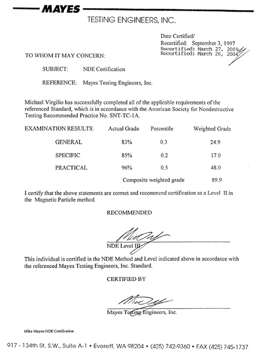 NDE Certification memo, text below image