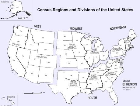 Map of the United States depicting the four regions as defined by the Census Bureau: West region covers Alaska, Oregon, Washington, California, Nevada, New Mexico, Arizona, Colorado, Utah, Wyoming, Montana, and Idaho; Midwest covering North Dakota, South Dakota, Nebraska, Kansas, Missouri, Iowa, Minnesota, Wisconsin, Illinois, Indiana, Ohio, and Michigan; South covering Oklahoma, Texas, Louisiana, Arkansas, Mississippi, Alabama, Georgia, Florida, South Carolina, North Carolina, Kentucky, Tennessee, Virginia, West Virginia, Maryland, Delaware, and Washington, DC; Northeast covering New Jersey, New York, Pennsylvania, Connecticut, Rhode Island, Massachusetts, Maine, New Hampshire, and Vermont