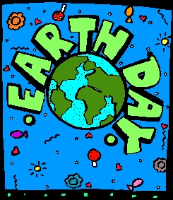 Earth Day graphic cartoon showing the words Earth Day wrapped around a drawing of planet Earth