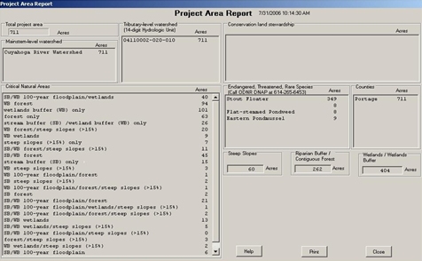 A sample image taken from the GIS viewer which displays tabular data of critical natural areas (e.g., forest, 100-year floodplain, wetlands, steep slopes, T&E species, etc.) within a selected HUC-14 watershed. 