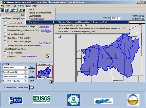 A sample image taken from the GIS viewer which displays a DSS menu that leads to BMP options and other informative documents. 